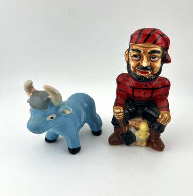 Paul Bunyan & Babe Blue Ox Salt Pepper Shakers Vintage Japan Ceramic Souvenir