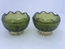 Indiana Glass Green Quilted Diamond Rose Bowl Compote Ruffle Rim Metal Leaf Base