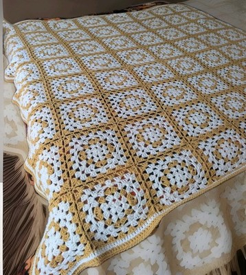 Vintage Handmade Afghan Crochet Acrylic Blanket Granny Square Throw Autumn 77X87
