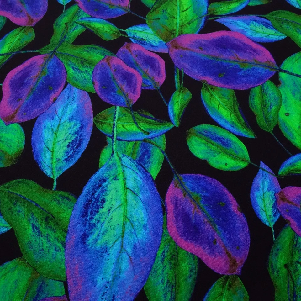 Stoff Viskose Jersey Blätter Herbst Design schwarz grün lila blau Kleiderstoff - Bild 2 von 4