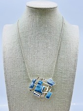 Silver Tone Geometric Necklace Pendant Statement Blue Bead Jewelry