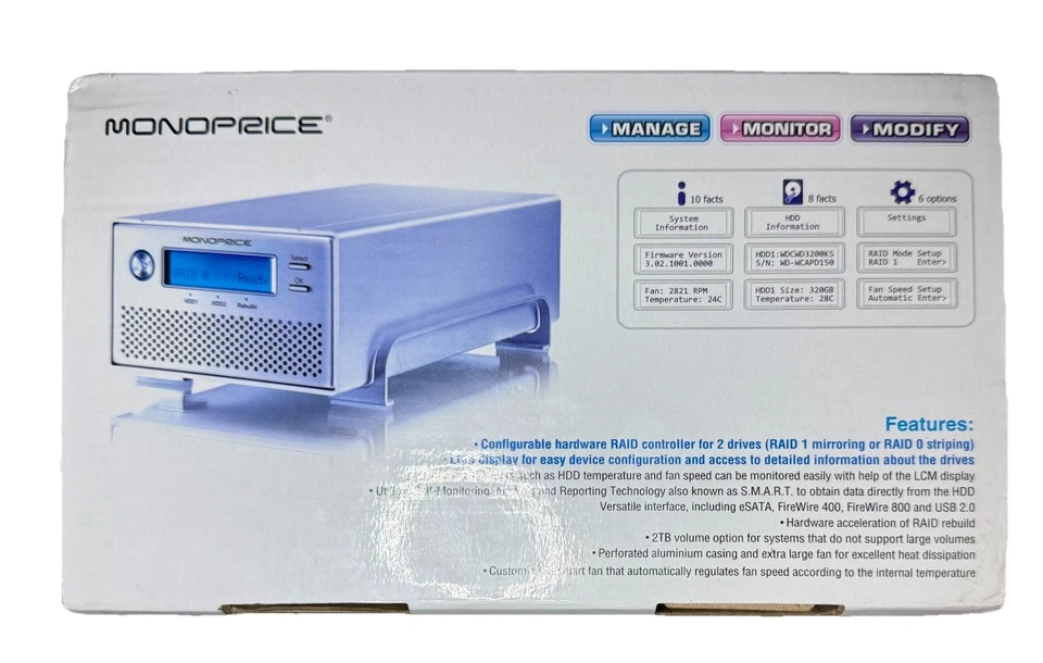 Monoprice Dual Bay RAID HDD Enclosure Storage eSATA / FireWire 800 / USB 2.0 New - Image 4 of 4