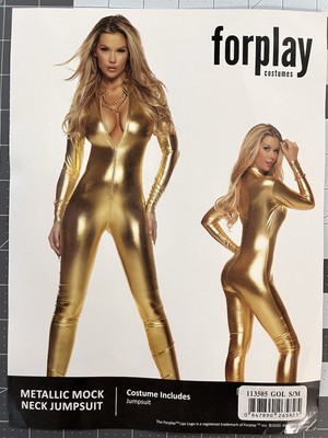 Forplay Catsuit Longsleeve Gold Metallic Mock Neck Women S/M Jumpsuit Cosplay