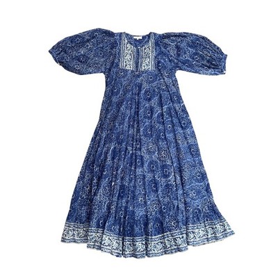 Marea house dress Blue White Block Print Cotton Puff Sleeve Boho Midi cottage M