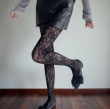 Black Floral Lace Tights – Sheer Mesh Pattern – One Size