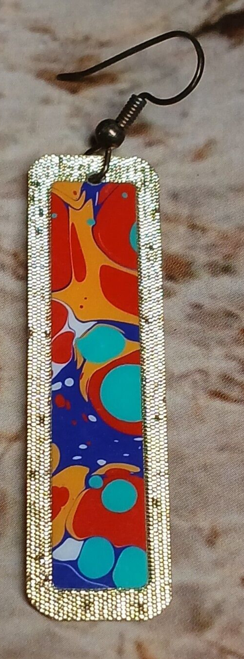 Gold Tone Long Rectangle Multi Color Splatter Pai… - image 3