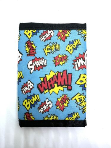 NEW SUPERHERO TRI-FOLD POLYESTER WALLET BLUE BOOM BAM ZAP SMASH KRUNCH WHAM