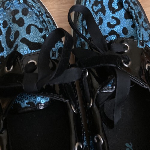 Justice Size 4 Boat Shoes Blue Black Sequin Animal Print Shoes Ribbon Ties - Picture 7 of 12