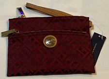 NWT -Tommy Hilfiger Women's Zip Strap Jacquard Signature Logo Wristlet-Burgundy
