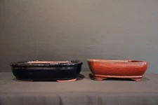 Set of 2 Ceramic Chinese Bonsai Pots - Black & Red