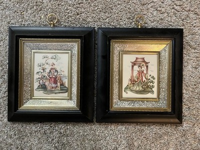 Vintage Metalcraft Framed Chinoiserie Lithograph Prints (2), Asian Art Decor USA