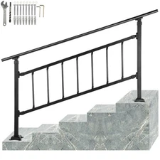 Uimoso Iron Handrail Stair Railing Hand Rail Kit 0-5 Steps Outdoor Black w/ Bars