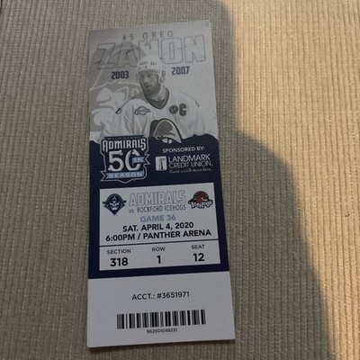 2020 Milwaukee Admirals vs Rockford IceHogs  Ticket stub 4/4 Greg Zanon