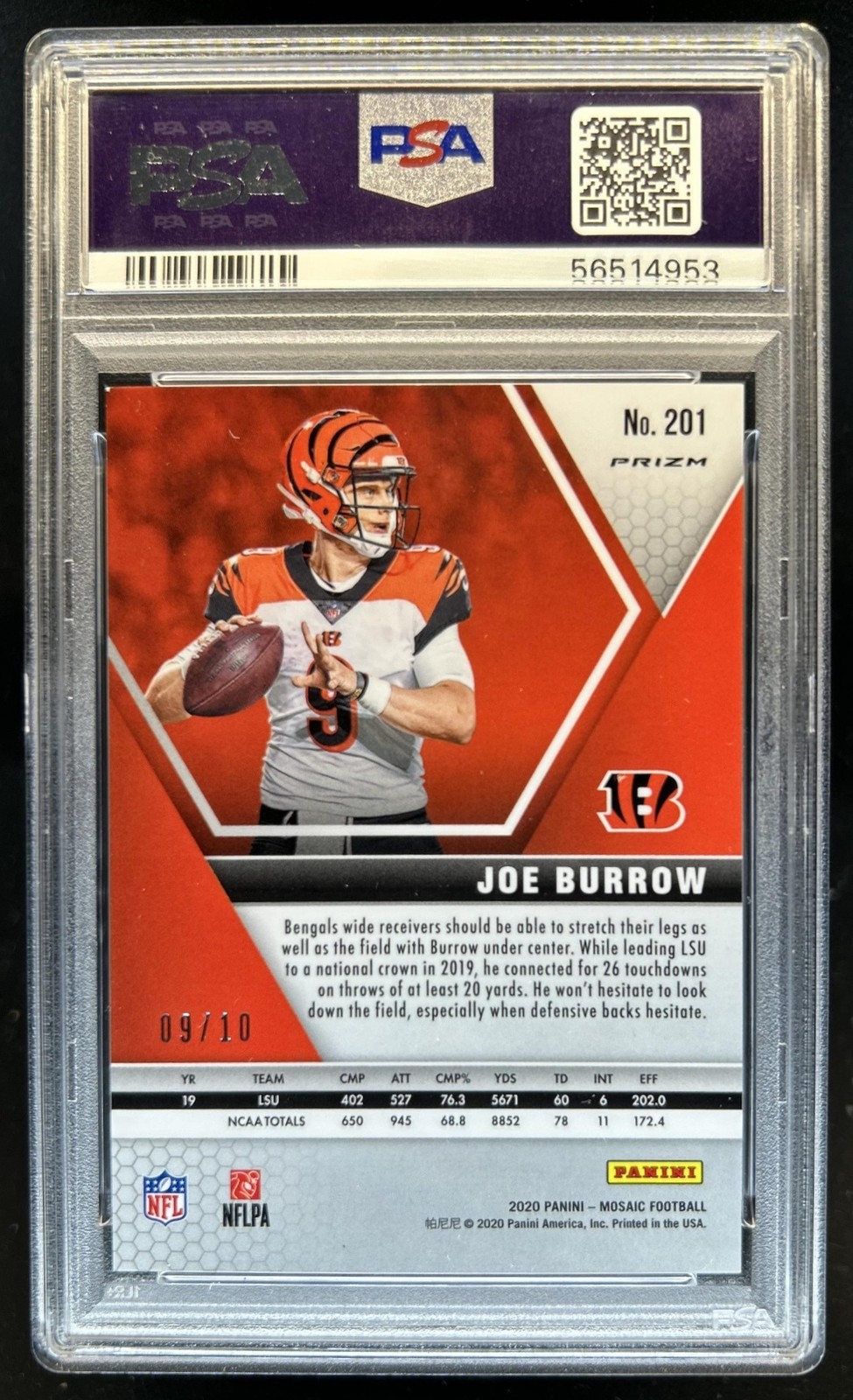2020 Panini Mosaic Joe Burrow RC Prizm Gold Rookie #/10 Bengals PSA 8 view 2