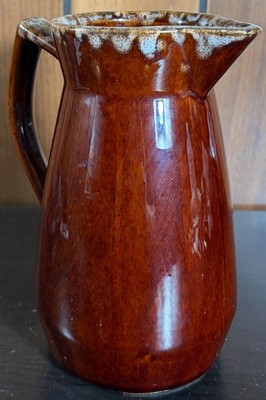 Vintage Hull Oven Proof USA Brown Drip Glaze Pottery Pitcher 7'' Tall, Handle EUC
