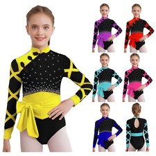 Kids Girls Leotard Stage Dancewear Long Sleeve Bodysuit Theme Party Dance Belt