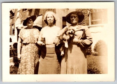 Vtg B&W Snapshot Three Older Women In Hats One Holding Small Scruffy Dog 1930s