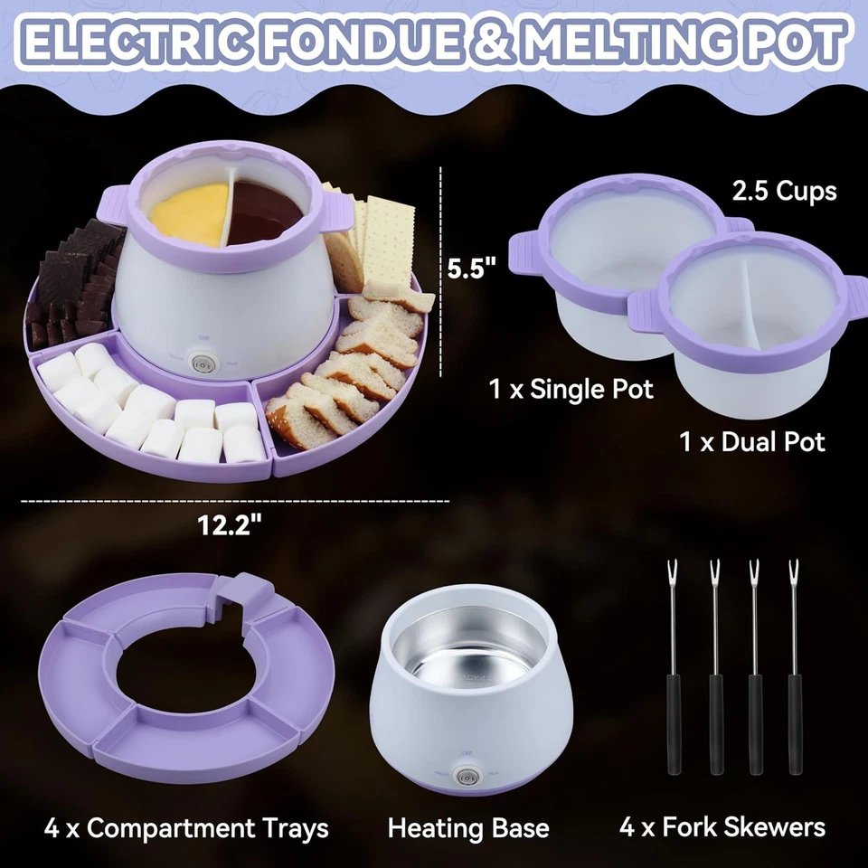 Juego de Ollas Calientes Eléctricas para Fondue 2 Ollas Caramelo Chocolate Fusión Fondue Tenedores 2.5 Tazas Foto 3 de 4