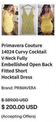 Primavera Couture 14024 Yellow Lace Embroidered V-Neck Open Back Dress Sz 14