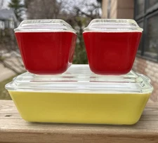 Vintage PYREX Primary Colors Refrigerator Dish Set w/ Lids (2) 501 /503 NICE