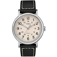 40mm Timex Weekender Men's Watch Black Leather Strap white/cream dial TW2T21600