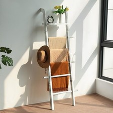 Wash White Blanket Ladder with Shelf for Living Room, Wall Leaning