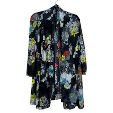 Womens Floral Print Open Front Cardigan Multi Color Boho Mesh Knit Size L