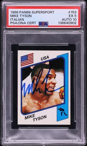 Mike Tyson Signed Auto 1986 Panini Supersport 153 Rookie Card PSA 5 Auto 10