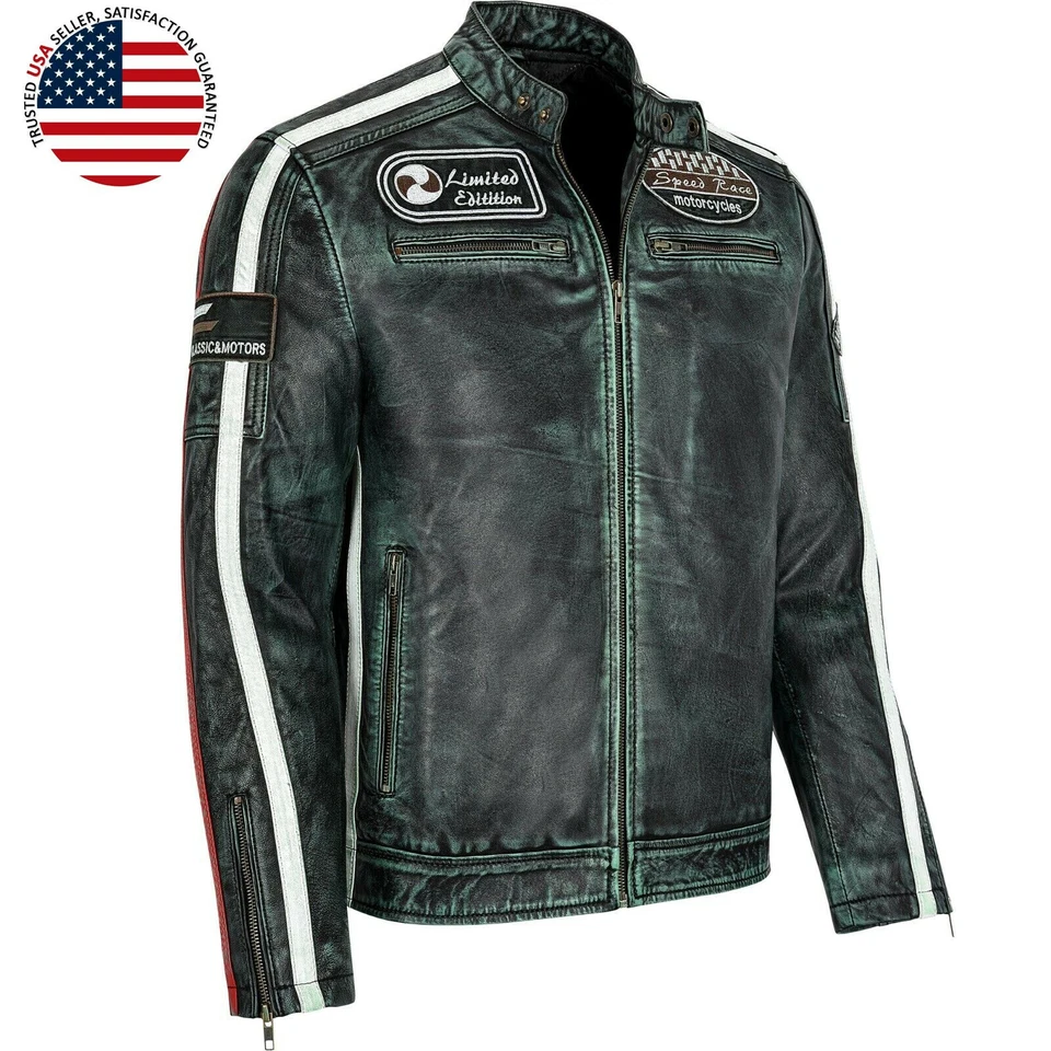 Chaqueta de cuero genuino de piel de cordero para hombre negra ajustada chaqueta de motociclista motocicleta nueva Foto 3 de 4
