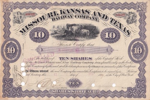 1889 MKT Missouri Kansas Texas Railroad stock certificate - 10 shares