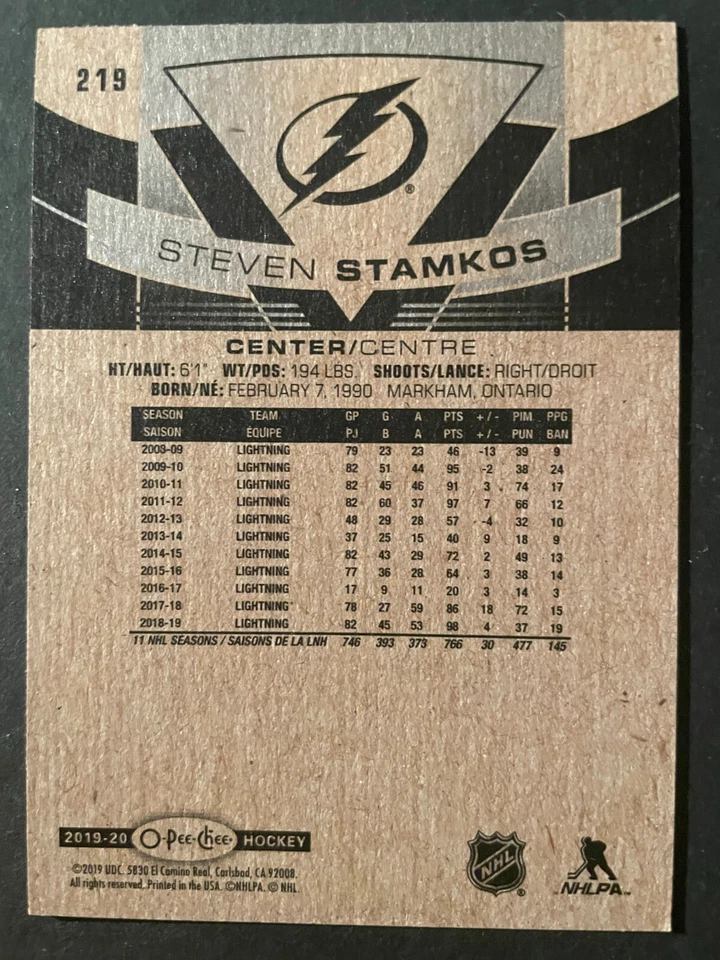 Steven STAMKOS 2019-20 O-Pee-Chee All-Star Hockey #219 Tampa Bay Lightning - Image 2 of 2