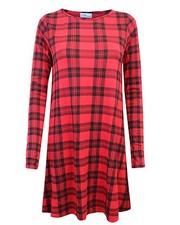 LADIES WOMENS TARTAN CHECK PRINTED FLARED STRETCH SWING MINI RED DRESS TOP 8-14