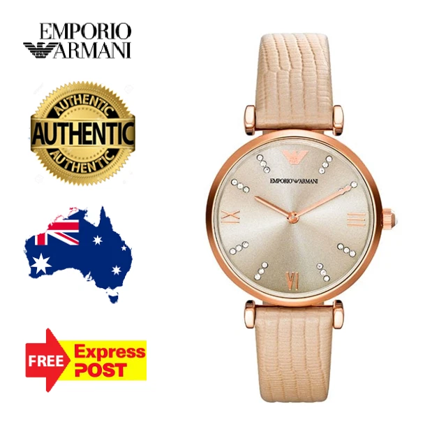 EMPORIO ARMANI AR1681 ROSE GOLD CREAM LEATHER BAND WOMENS WATCH NEW WITH TAGS