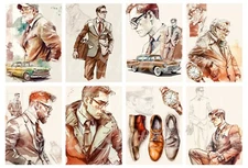 Handmade Set of 9 Vintage Sepia Men & Cars #1 Collage STICKERS - Just Cut & Use!