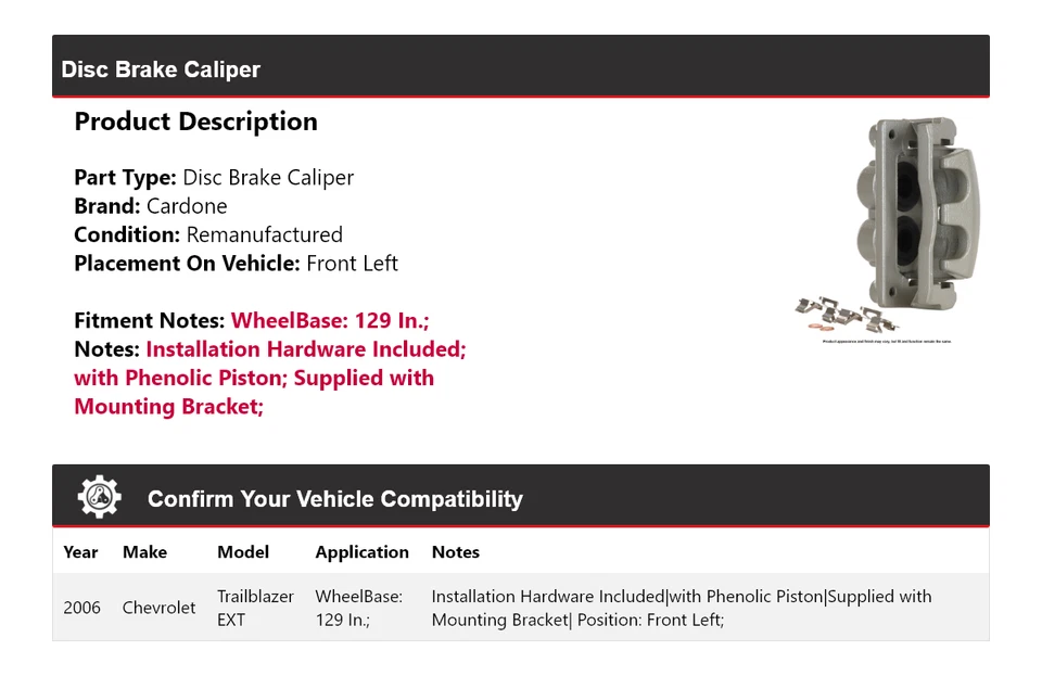 Pinza de freno de disco delantera izquierda Cardone para Chevrolet Trailblazer EXT 2006 Foto 2 de 4