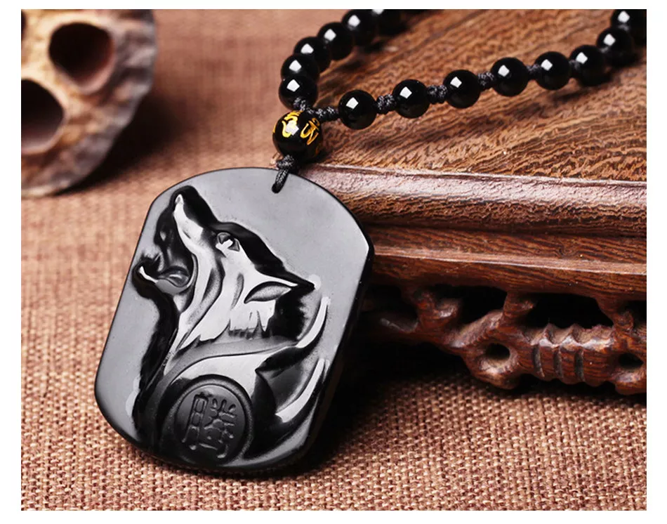 Hand Carved Natural Obsidian Howling Wolf Head Amulet Pendant Necklace