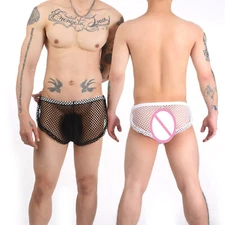 Men Boxer Briefs See Through Shorts Underwear Sexy Fishnet Button Underpants