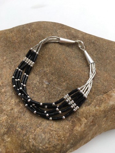 Black Onyx Heishi 5 Strand Southwestern Liquid Sterling Silver Bracelet 7" 02932