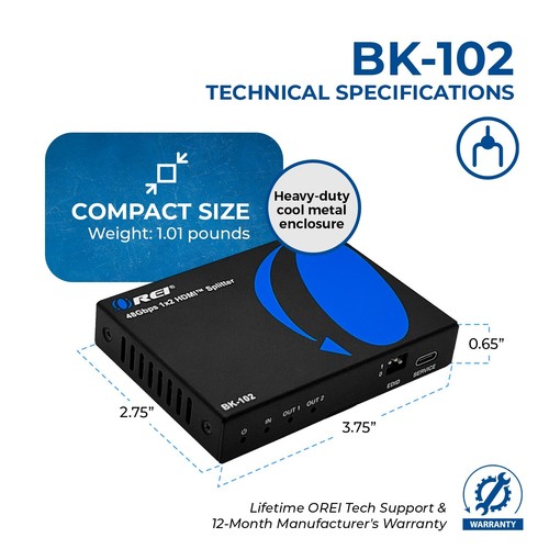 OREI 1x2 HDMI Splitter W/ Audio Out: 1-In 2-Out, UltraHD 8K, EDID (BK-102) - Picture 5 of 9