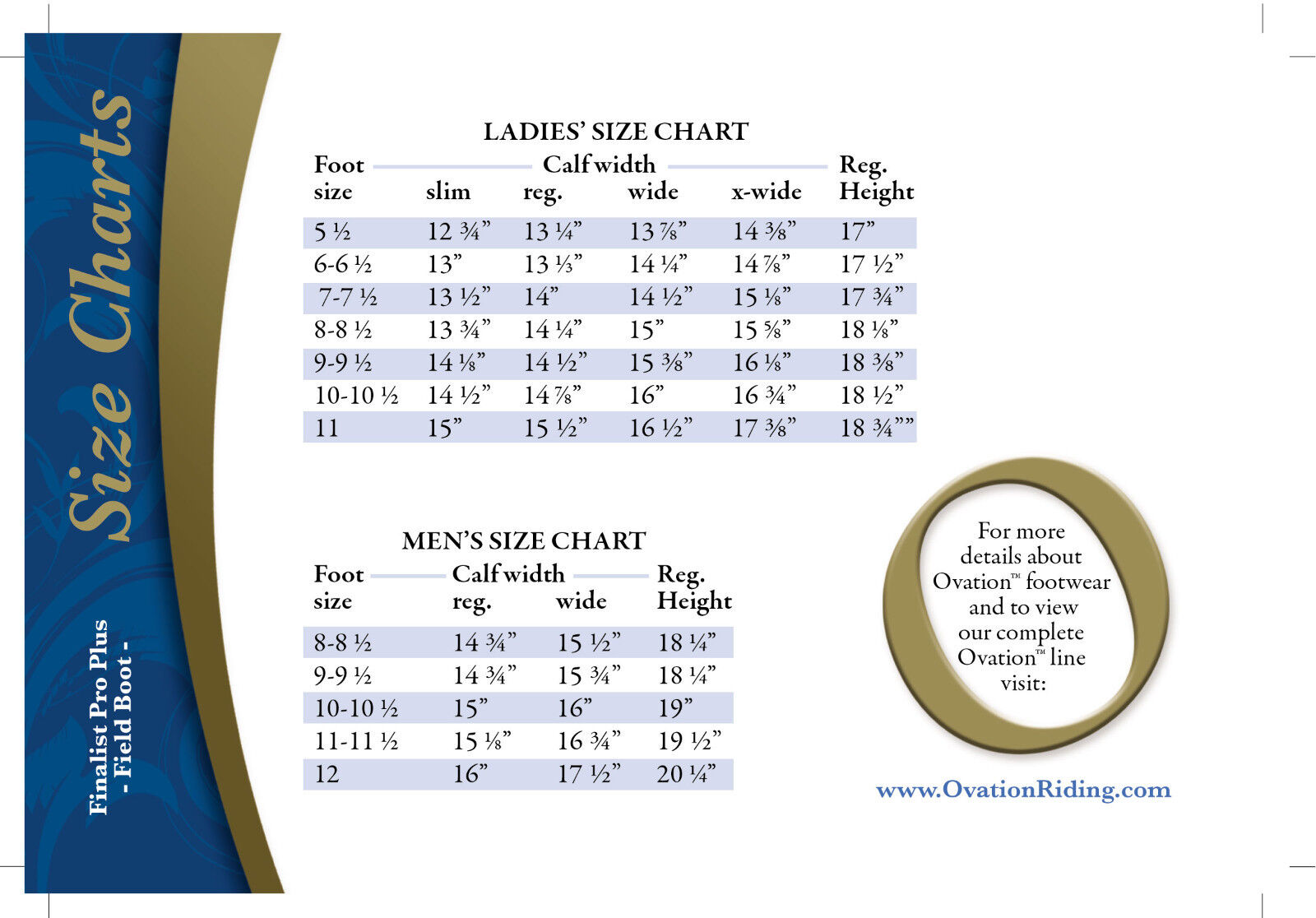 Ovation Field Boot Size Chart