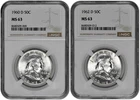 1960 D + 1962 D 50C Silver Franklin Half Dollar NGC MS 63 Two Coin Lot