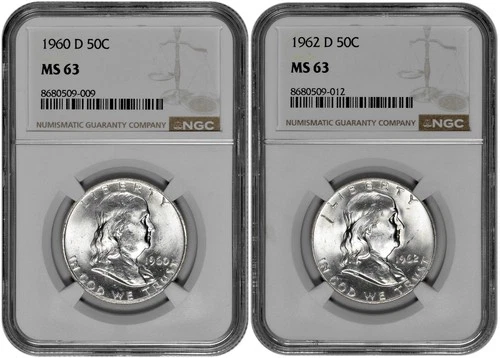 1960 D + 1962 D 50C Silver Franklin Half Dollar NGC MS 63 Two Coin Lot