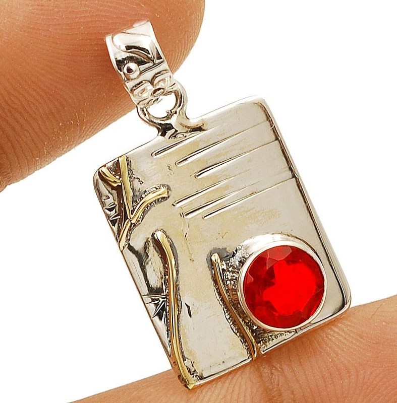 Two Tone 2CT Natural Fire Garnet 925 Sterling Silver Pendant Jewelry @11-6
