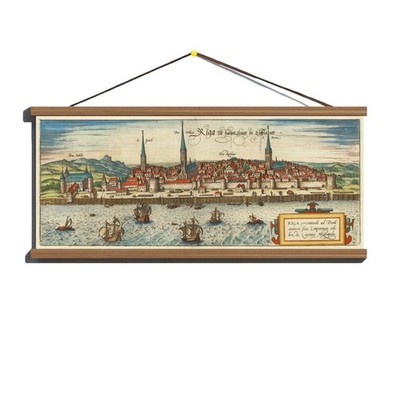 Antique 1581 Earliest View Panoramic Map of Riga; Canvas, Magnetic Wooden Hanger