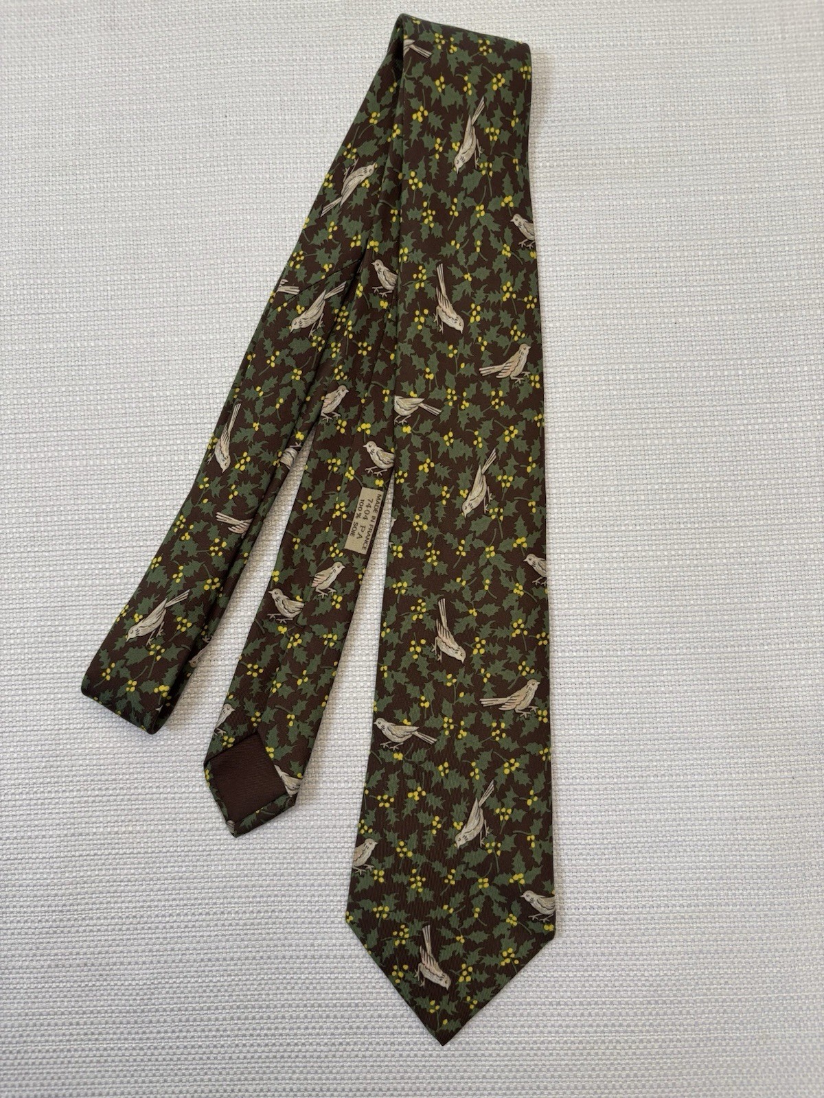 HERMES 100% Silk Classic Neck Tie Brown Green & Birds Made in France 7404 PA