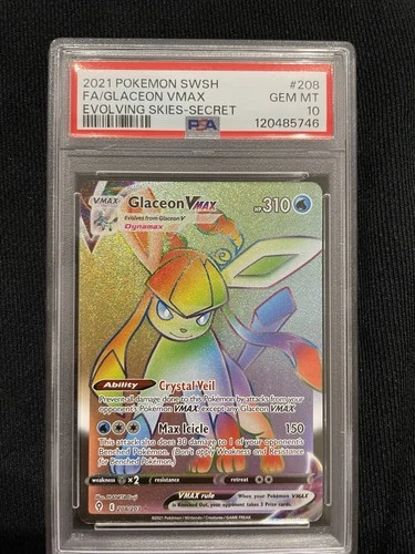 2021 Pokémon SWSH Evolving Skies Glaceon VMAX Rainbow Rare Card 208/203 PSA 10