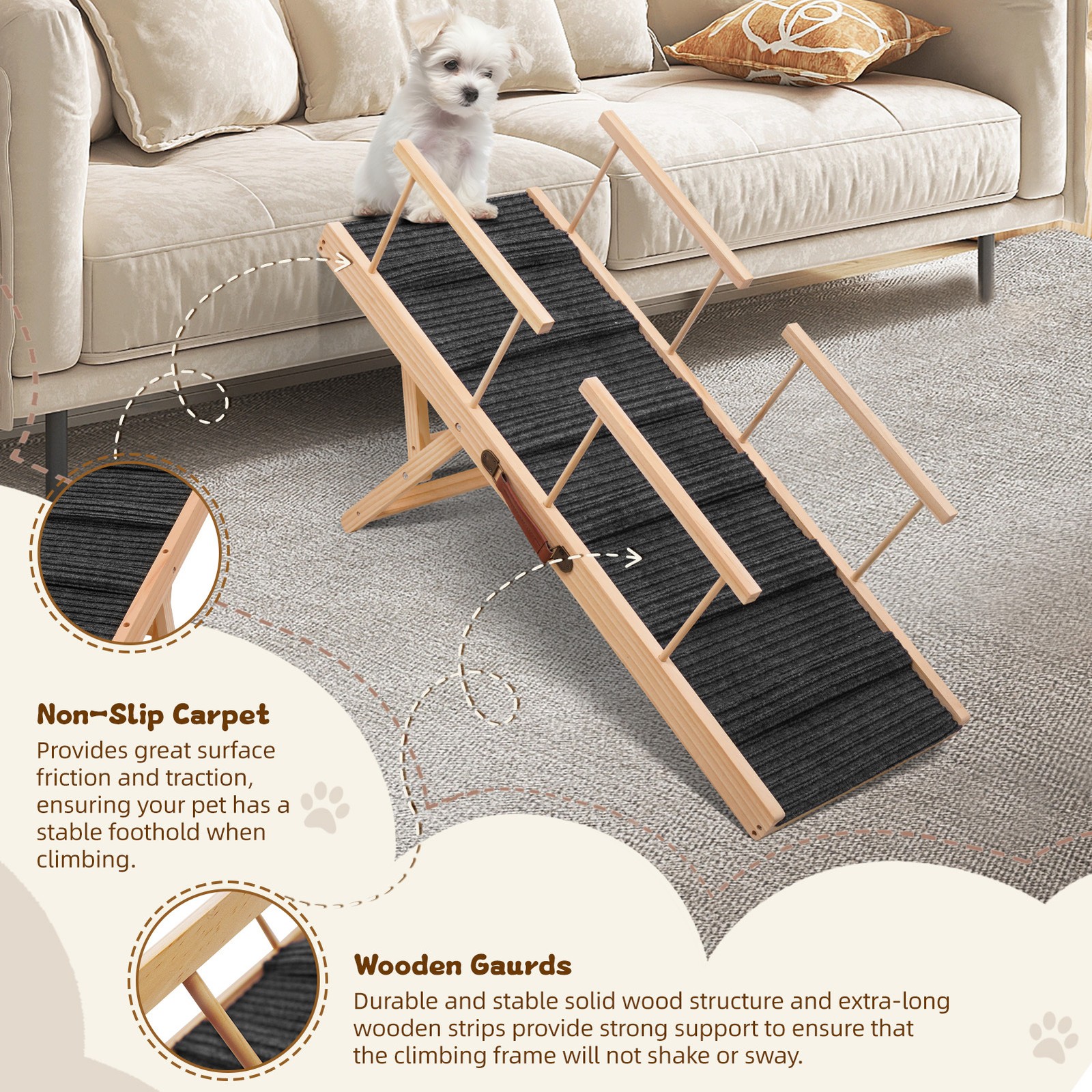 Foldable Pet Ramp - Dog Cat Ramp Wooden Non-Slip Ladder for Indoor Bed Couch