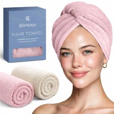 Slinkko Microfiber Hair Towel Wrap Turban Pink and Large, Pink Beige