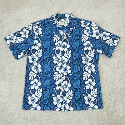KYS Hemd Herren Extra Large Blau Hawaii Blumen Aloha Made in Hawaii USA Vintage 90er