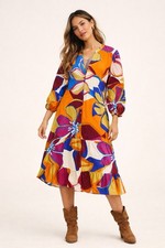 Mlle Gabrielle Abstract Floral Midi Dress Womens M Boho Retro Artistic